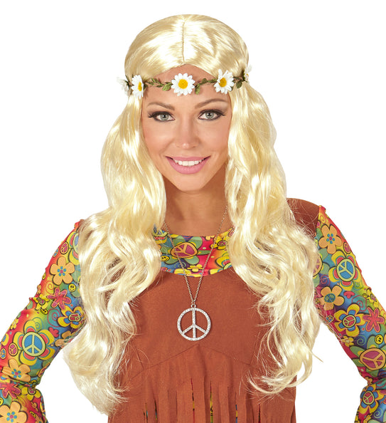 e-carnavalskleding-SYK Blonde hippie pruik met margrietjes