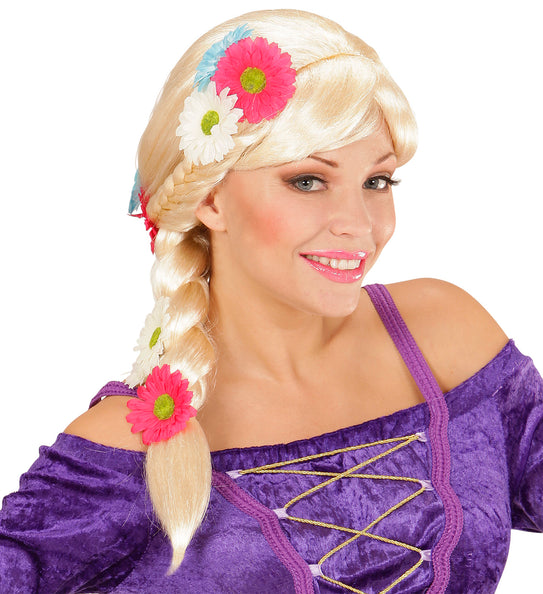 e-carnavalskleding-SYK Blonde Rapunzel pruik met vlecht en bloemen