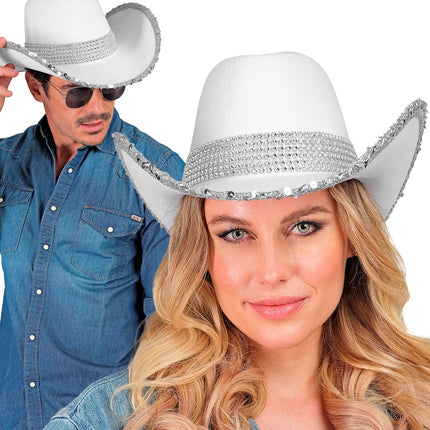 e-carnavalskleding-SYK Cowboyhoed wit bling met steentjes