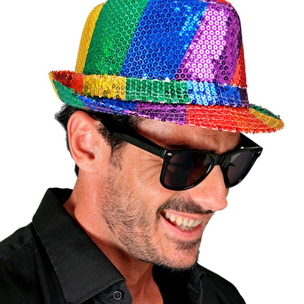 e-carnavalskleding-SYK Fedora pailletten regenboog hoed