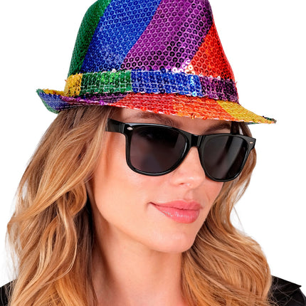 e-carnavalskleding-SYK Fedora pailletten regenboog hoed