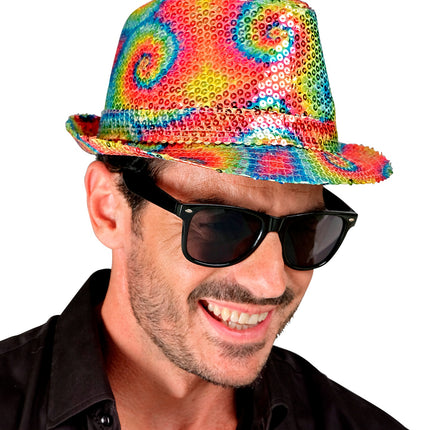 e-carnavalskleding-SYK Fedora pailletten tie dye hoed