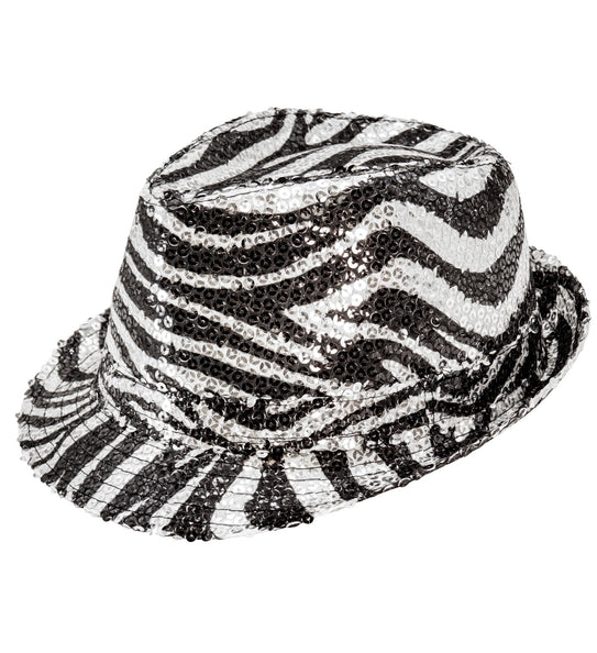 e-carnavalskleding-SYK Fedora pailletten zebra print hoed