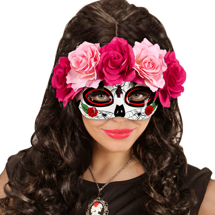 e-carnavalskleding-SYK Oogmasker Dia De Los Muertos met roze bloemen.