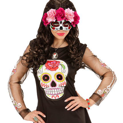 e-carnavalskleding-SYK Oogmasker Dia De Los Muertos met roze bloemen.