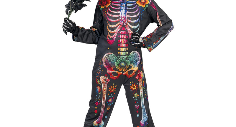 e-carnavalskleding-SYK Skelet jumpsuit bloemen kind day of death