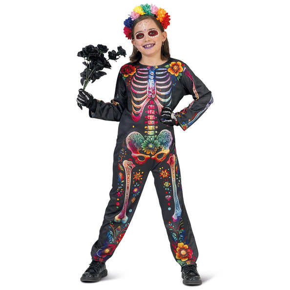 e-carnavalskleding-SYK Skelet jumpsuit bloemen kind day of death