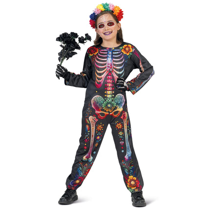 e-carnavalskleding-SYK Skelet jumpsuit bloemen kind day of death