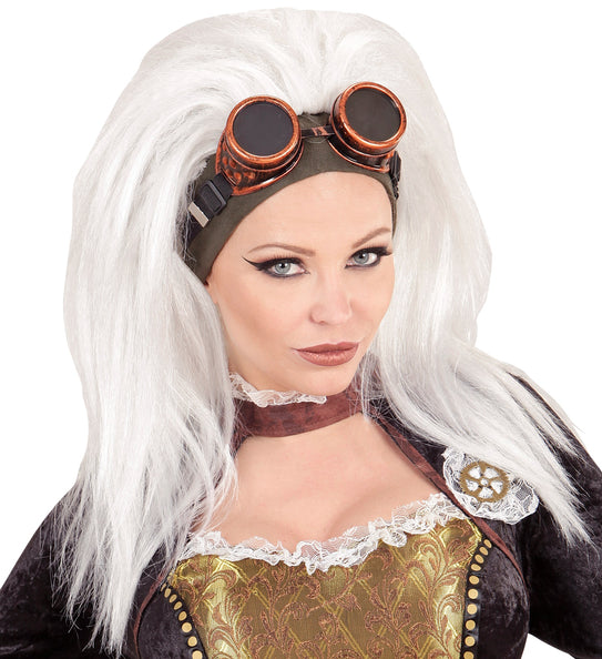 e-carnavalskleding-SYK Steampunk pruik wit met stofbril