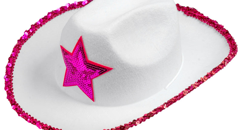 e-carnavalskleding-SYK Witte cowboyhoed met roze paillettten ster