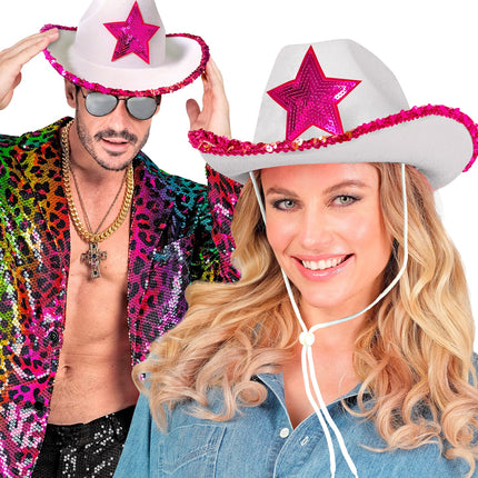 e-carnavalskleding-SYK Witte cowboyhoed met roze paillettten ster