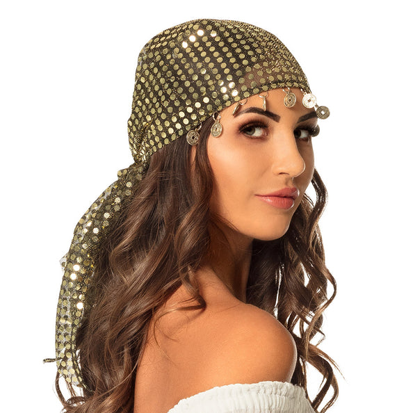 E-Carnavalskleding.nl Hoofddoek gipsy zigeunerin goud pailletten