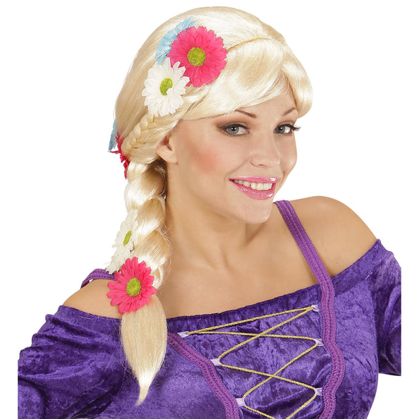 e-carnavalskleding-SYK Blonde Rapunzel pruik met vlecht en bloemen