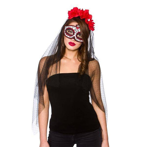 e-carnavalskleding-SYK Day of the dead masker met sluier en rozen