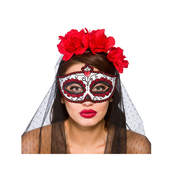 e-carnavalskleding-SYK Day of the Dead oogmasker met rode rozen