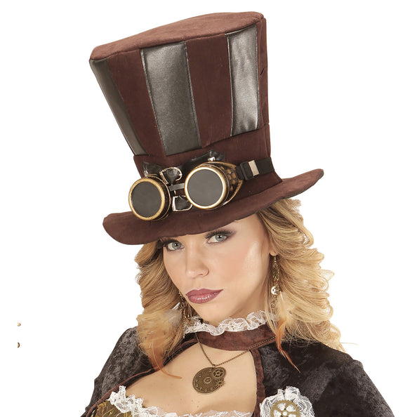 e-carnavalskleding-SYK Extra hoge hoed steampunk bruin met stofbril