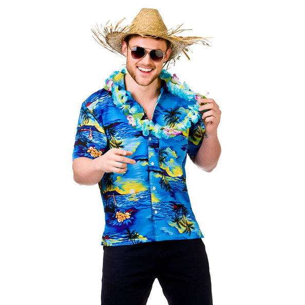 e-carnavalskleding-SYK Hawaii Shirt met palmbomen blauw