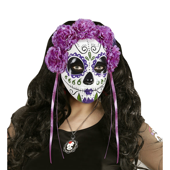 e-carnavalskleding-SYK Masker Dia De Los Muertos Met Paarse Rozen