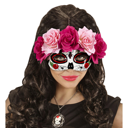 e-carnavalskleding-SYK Oogmasker Dia De Los Muertos met roze bloemen.