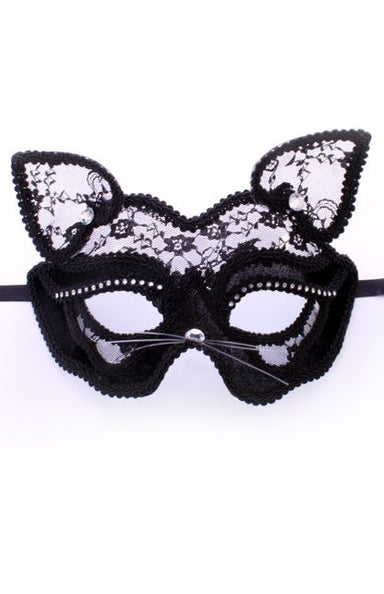 e-carnavalskleding-SYK Oogmasker poes met kant zwart/wit LUXE