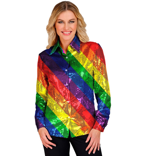 e-carnavalskleding-SYK Paillettenshirt dames Lisa regenboog