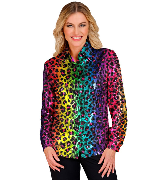 e-carnavalskleding-SYK Paillettenshirt dames regenboog luipaard