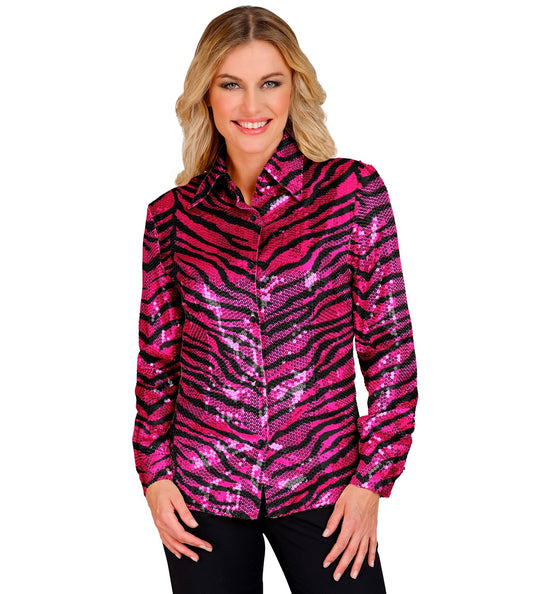 e-carnavalskleding-SYK Paillettenshirt dames zebra pink